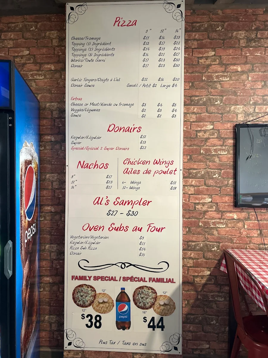Menu, Al's Pizzeria
