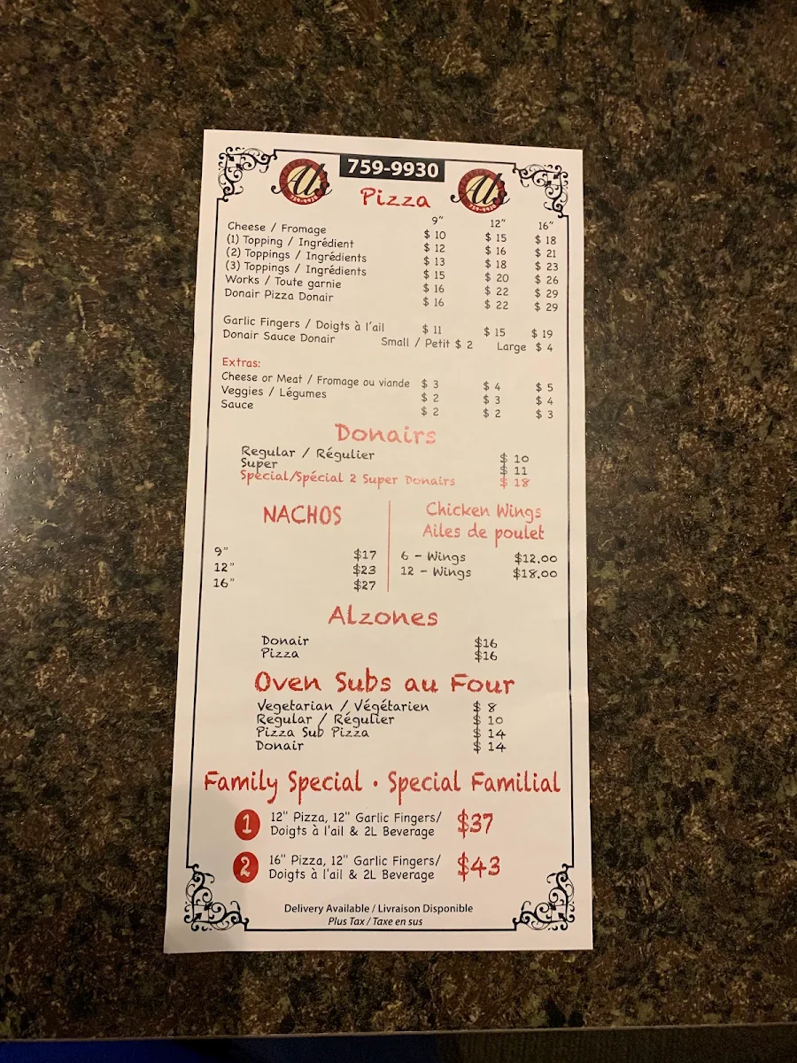 Menu, Al's Pizzeria