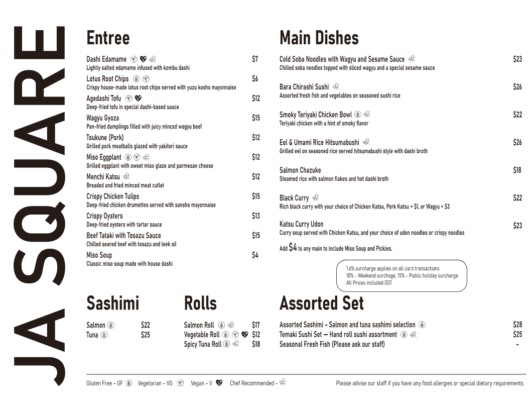 Menu, JA Square