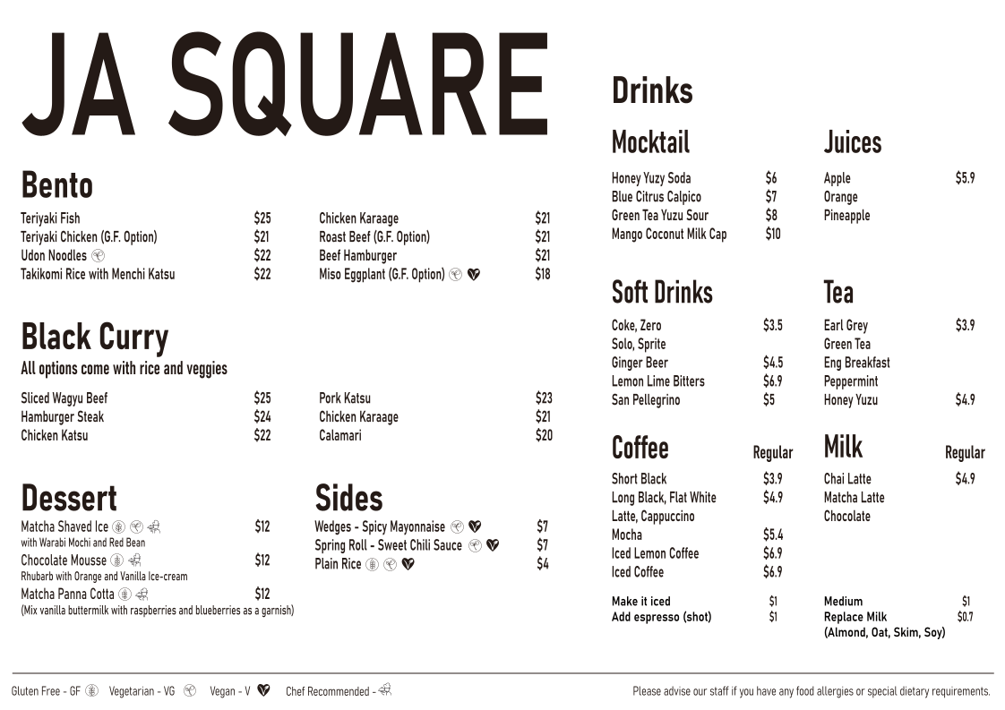 Menu, JA Square