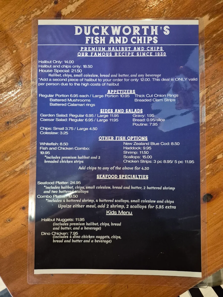 Menu, Duckworth's Fish & Chips