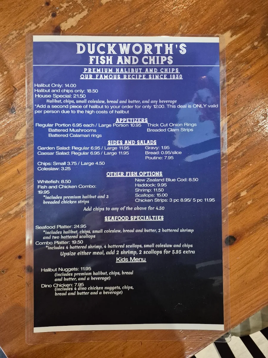 Menu, Duckworth's Fish & Chips