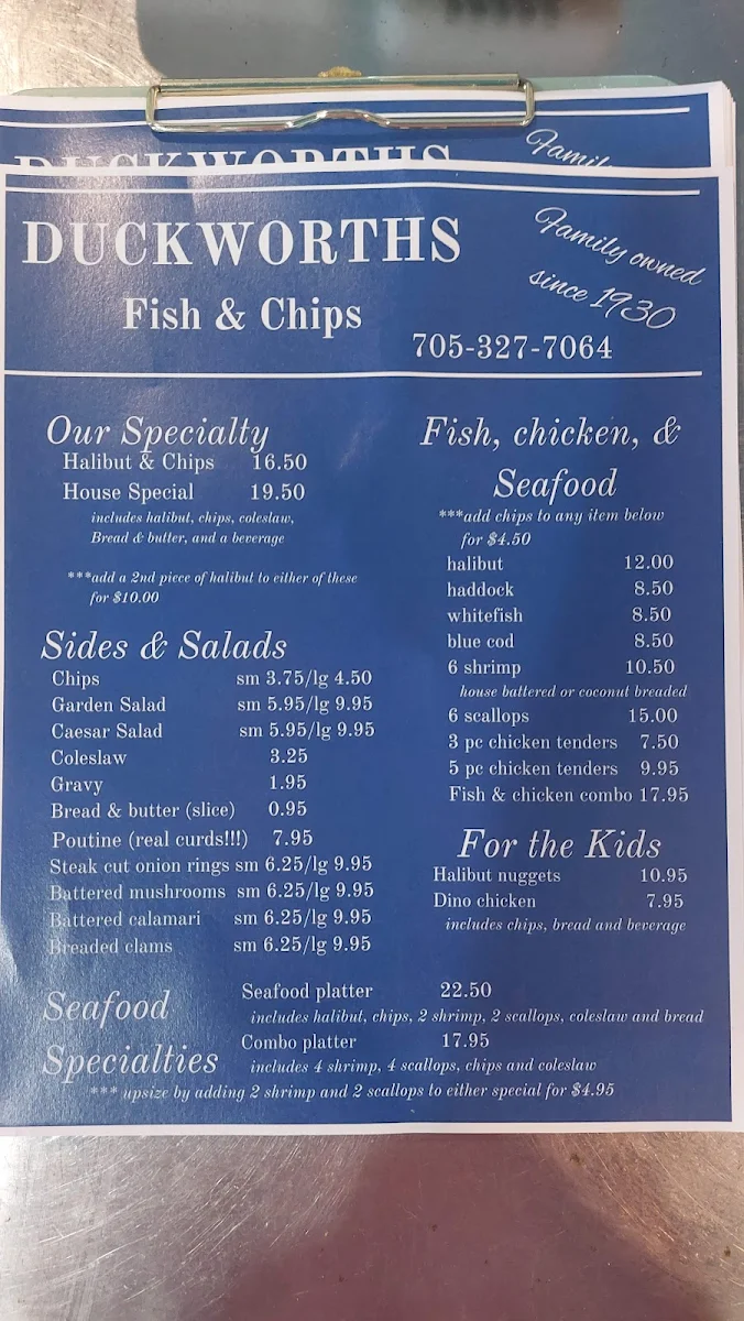 Menu, Duckworth's Fish & Chips