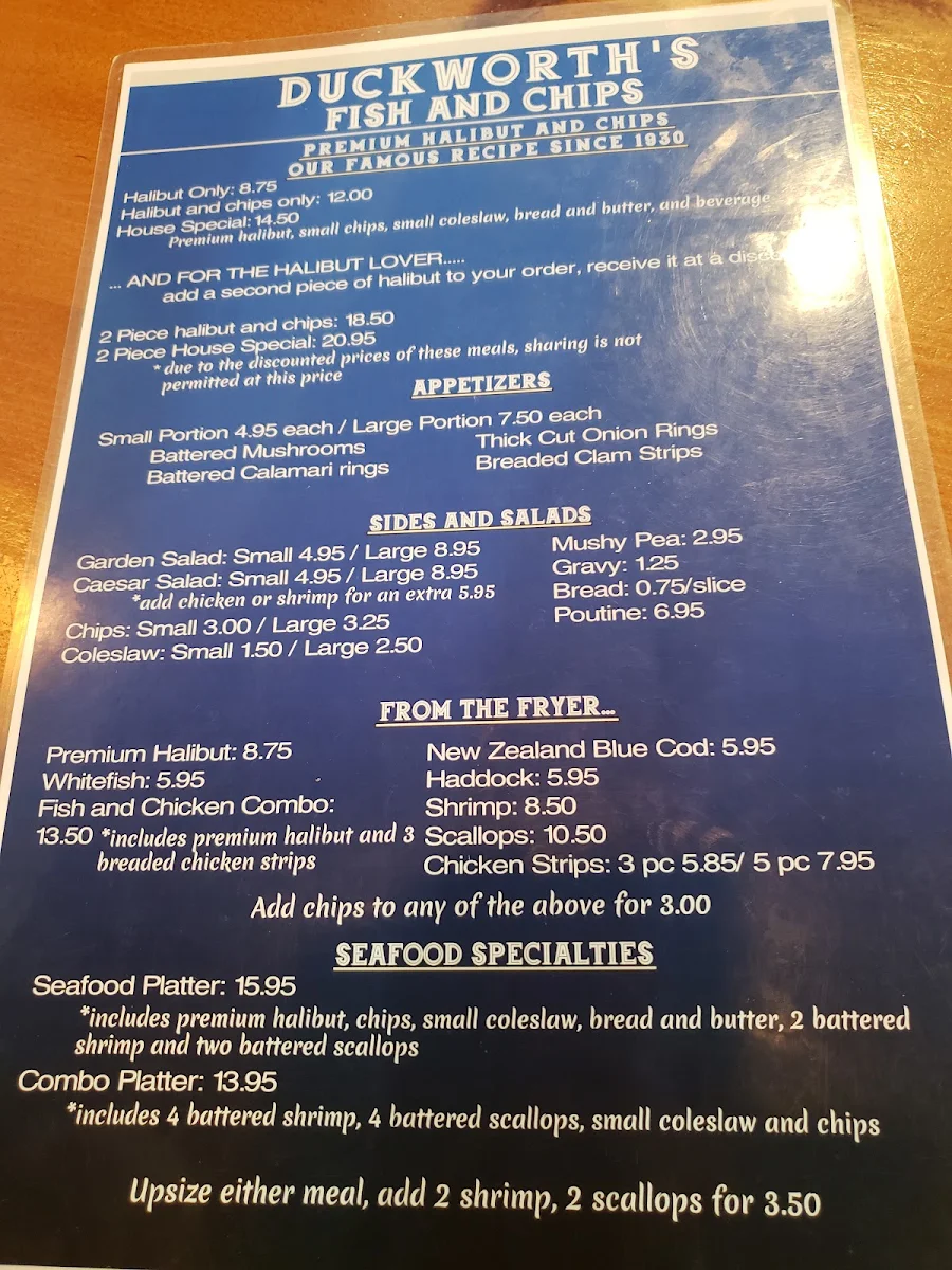 Menu, Duckworth's Fish & Chips