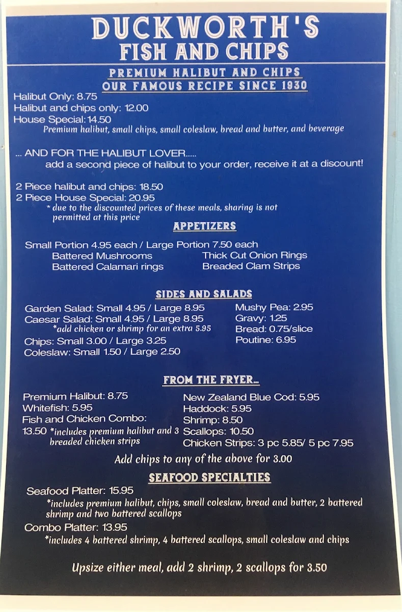 Menu, Duckworth's Fish & Chips