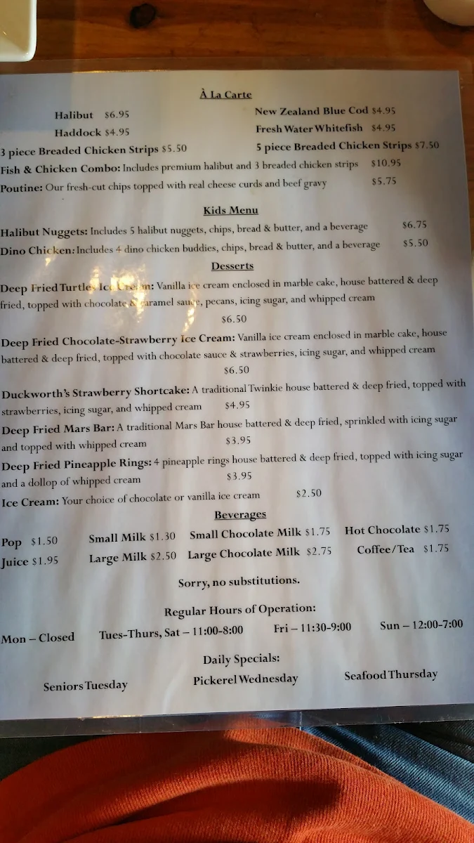 Menu, Duckworth's Fish & Chips