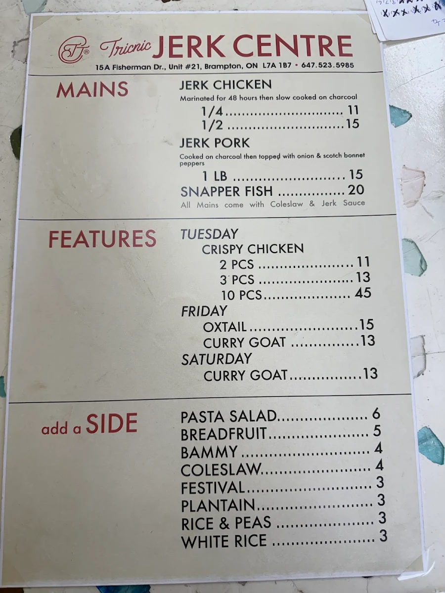 Menu, TricNic Jerk Centre