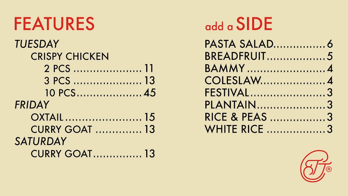 Menu, TricNic Jerk Centre