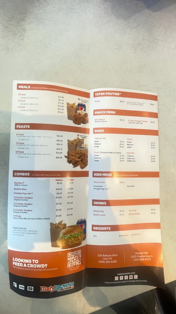 Menu, Mary Brown's Chicken