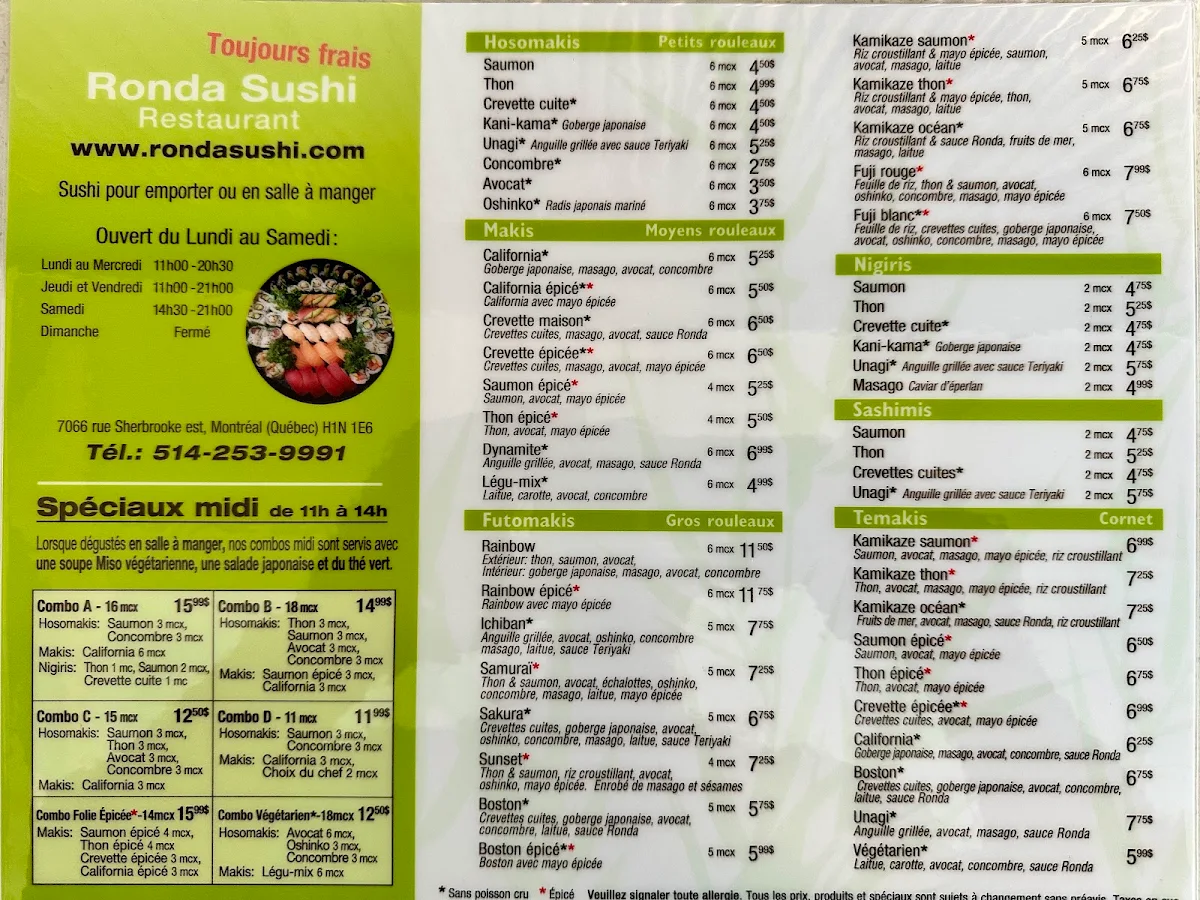 Menu, Restaurant Ronda Sushi