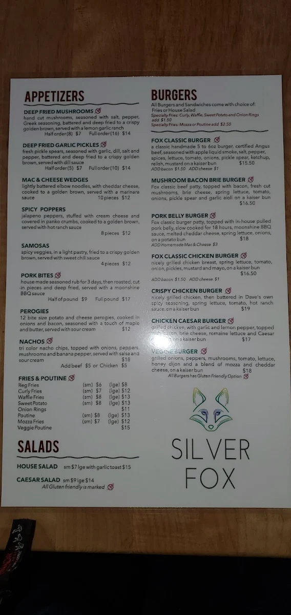 Menu, Silver Fox Pub