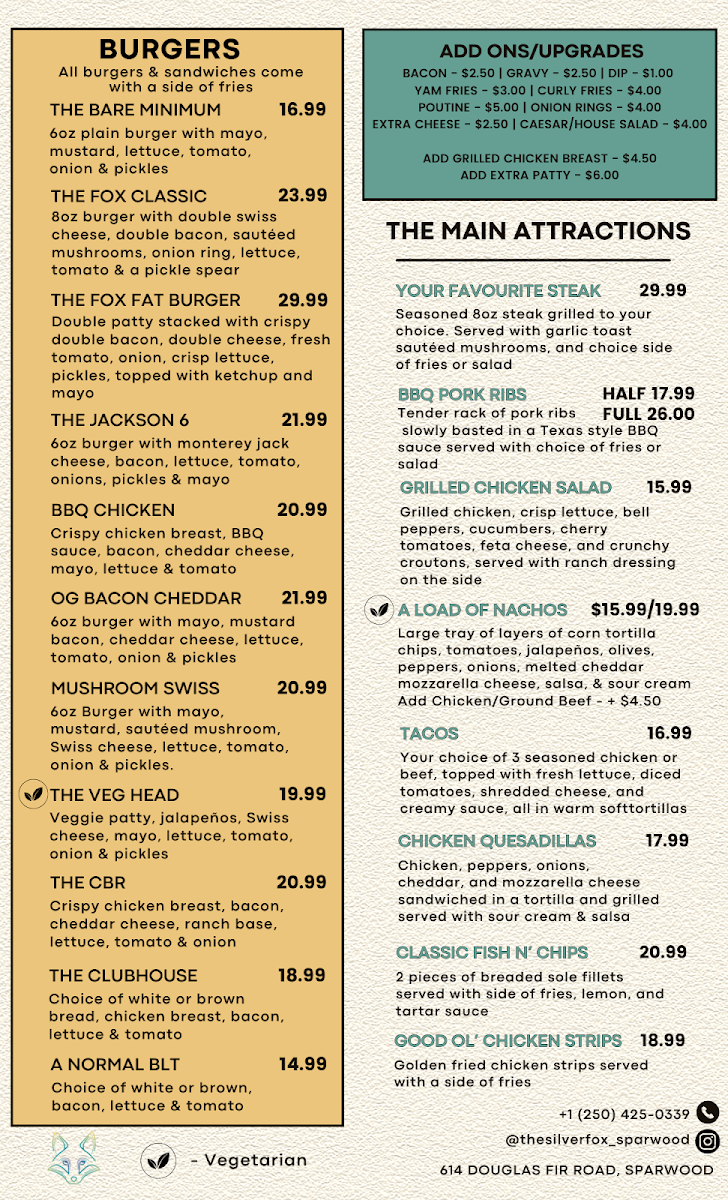 Menu, Silver Fox Pub