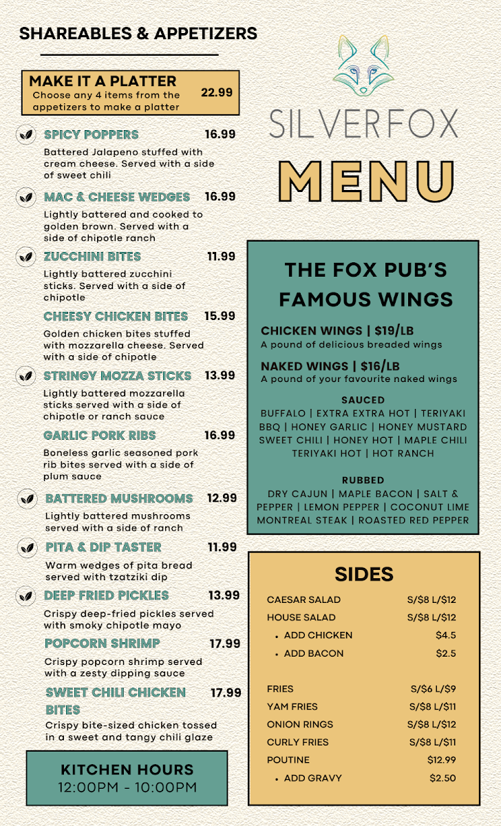 Menu, Silver Fox Pub