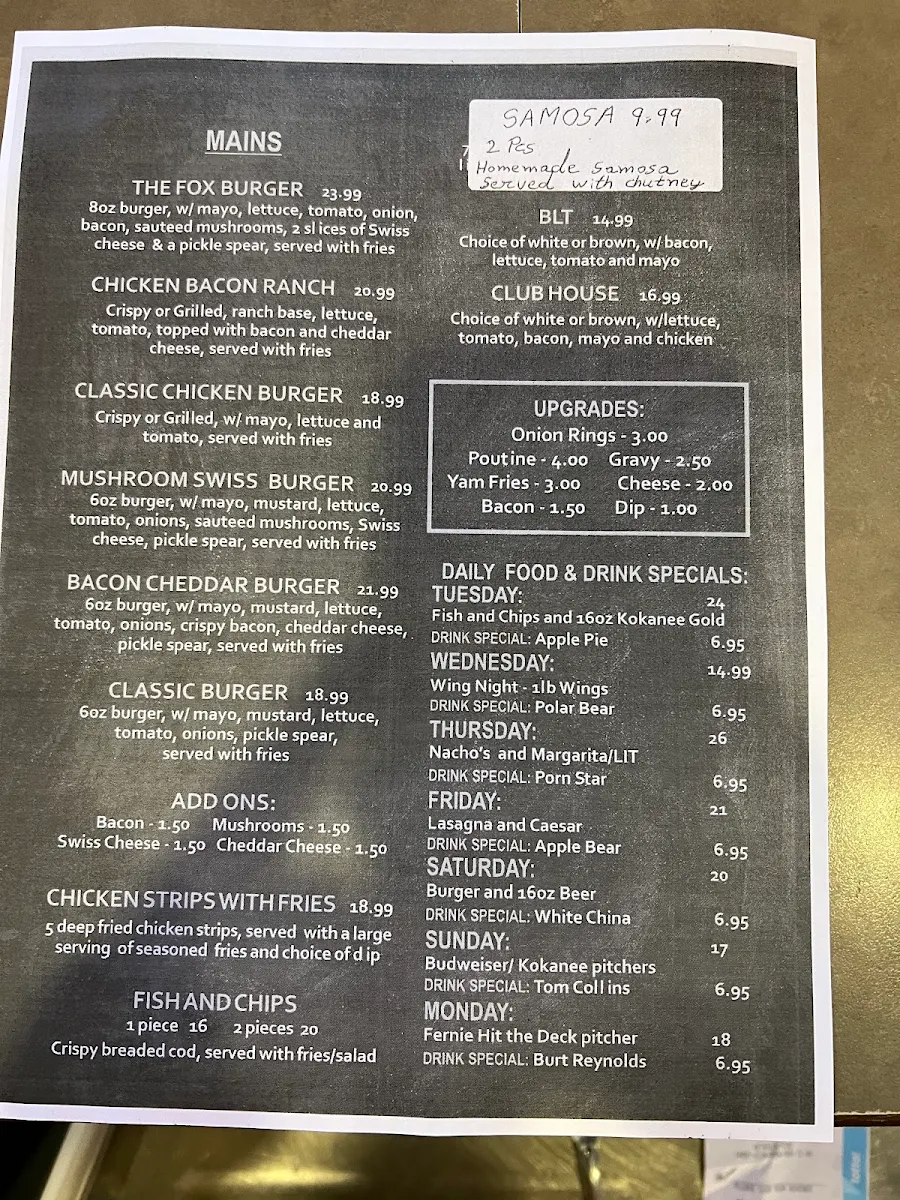 Menu, Silver Fox Pub