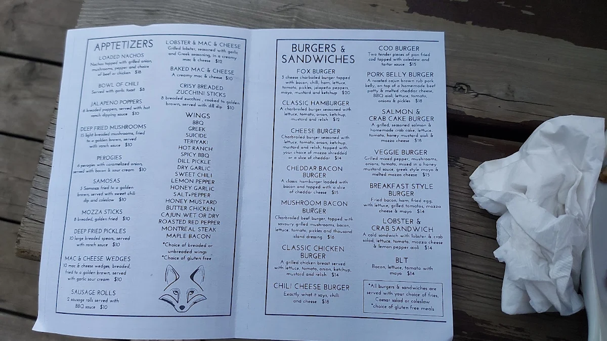 Menu, Silver Fox Pub
