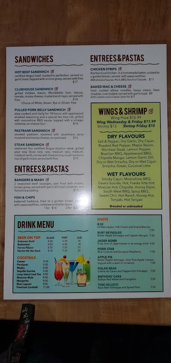 Menu, Silver Fox Pub