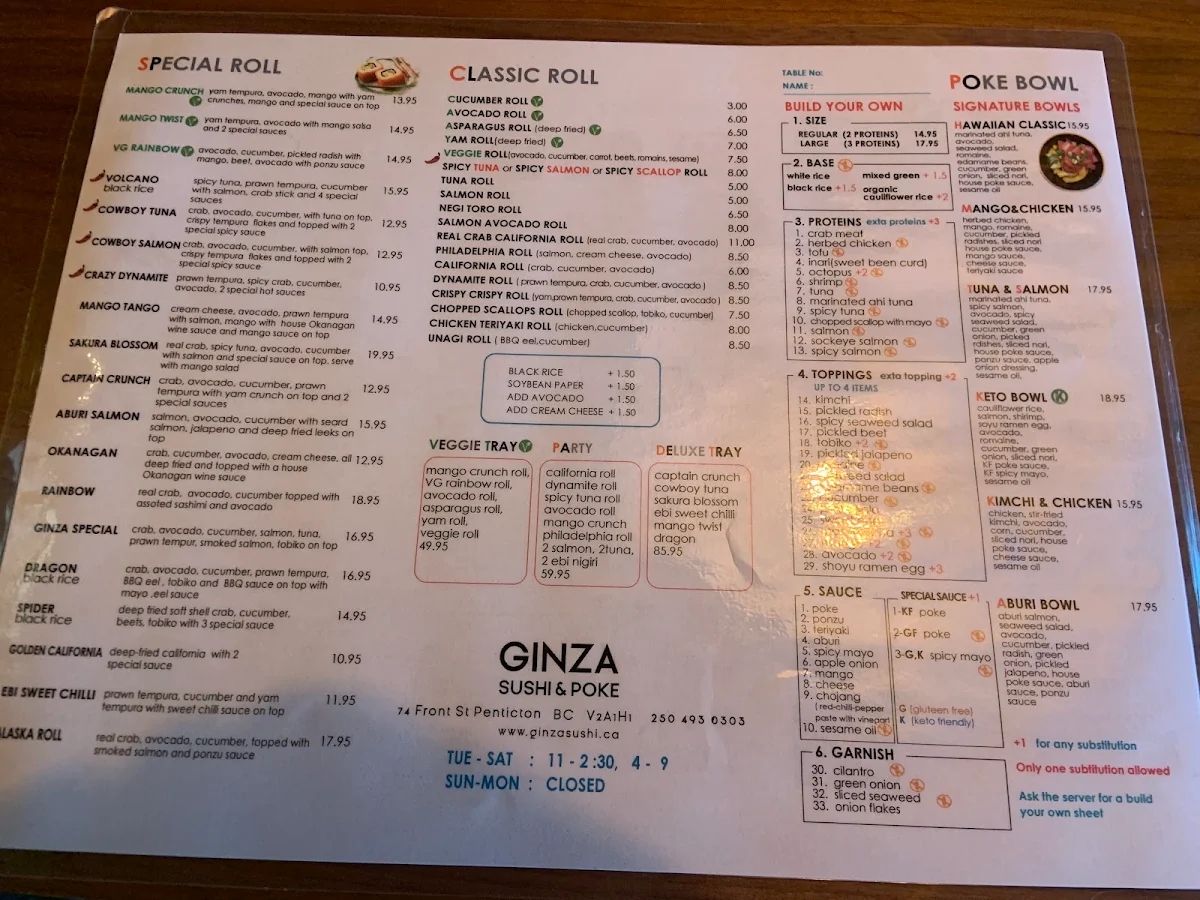 Menu, GINZA SUSHI & POKE