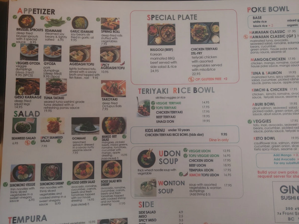 Menu, GINZA SUSHI & POKE
