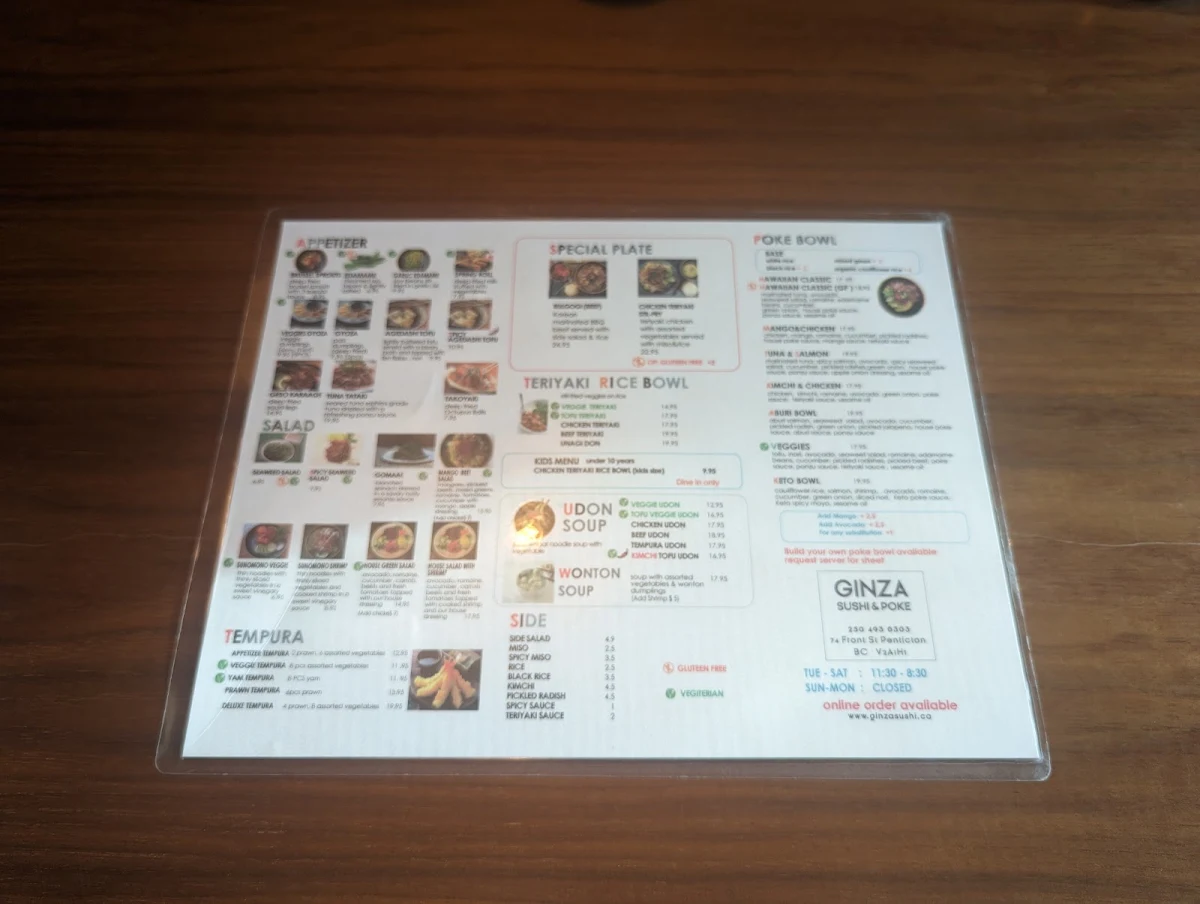 Menu, GINZA SUSHI & POKE