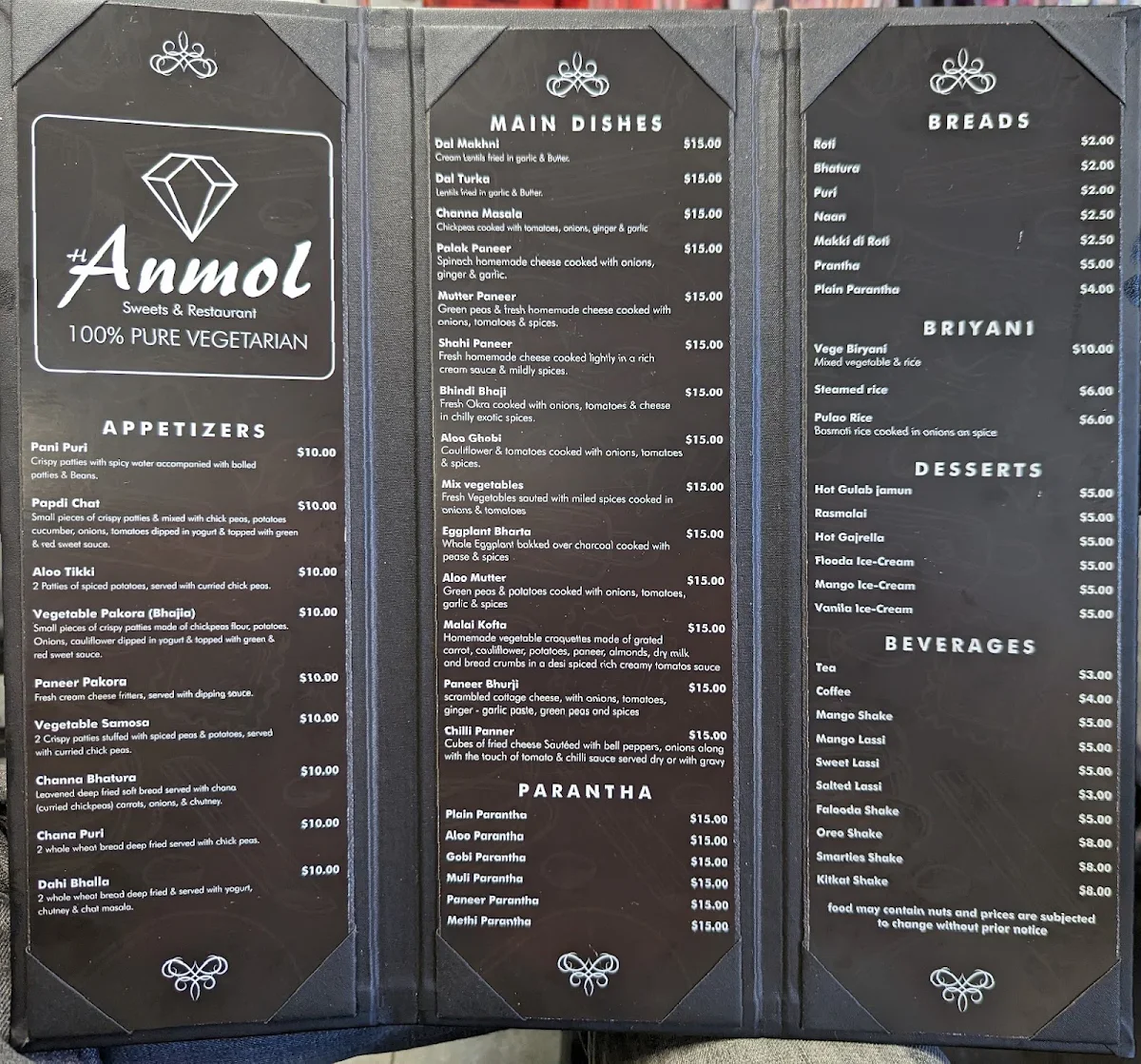 Menu, Anmol Sweets Restaurant