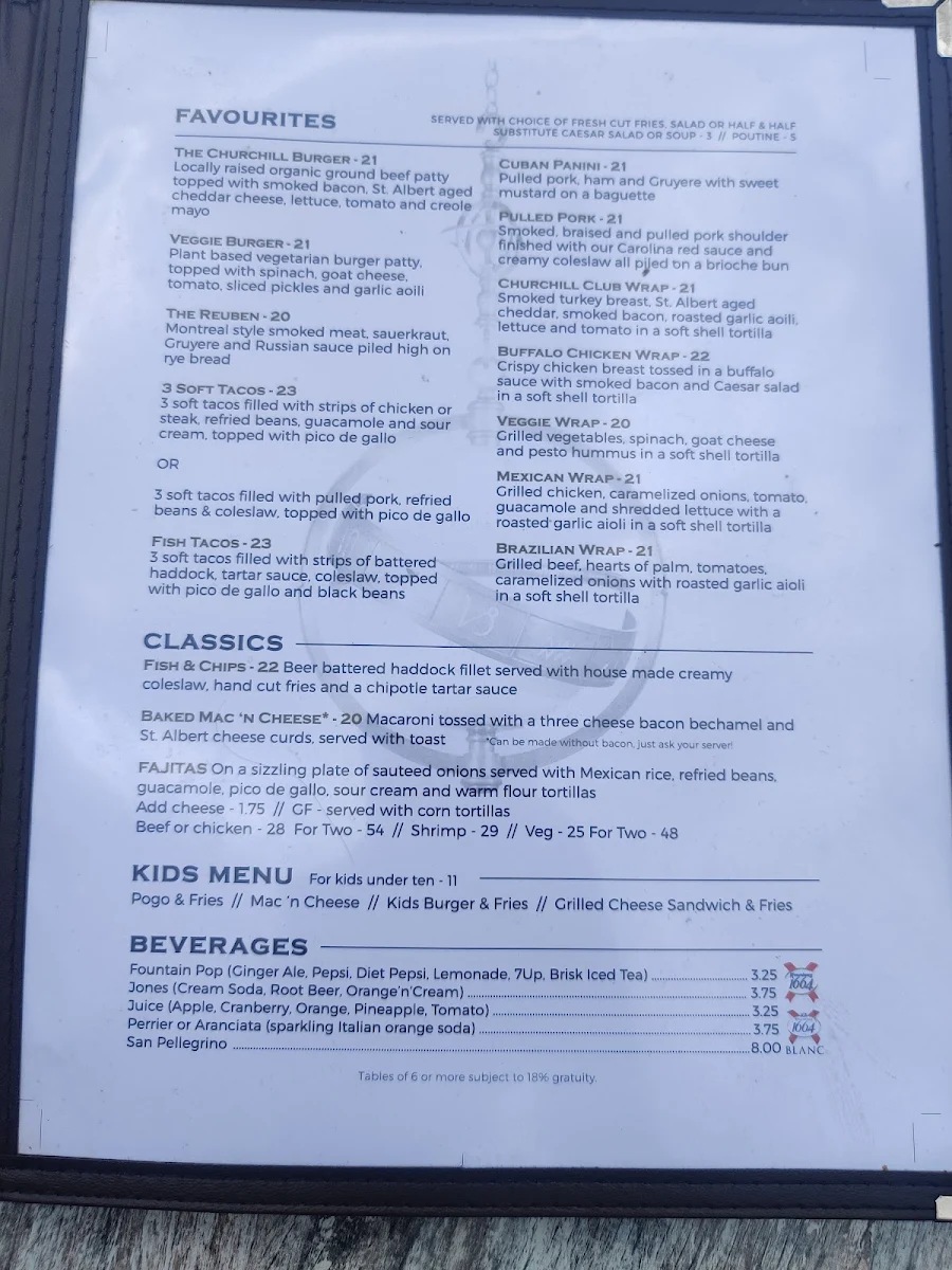Menu, Churchills
