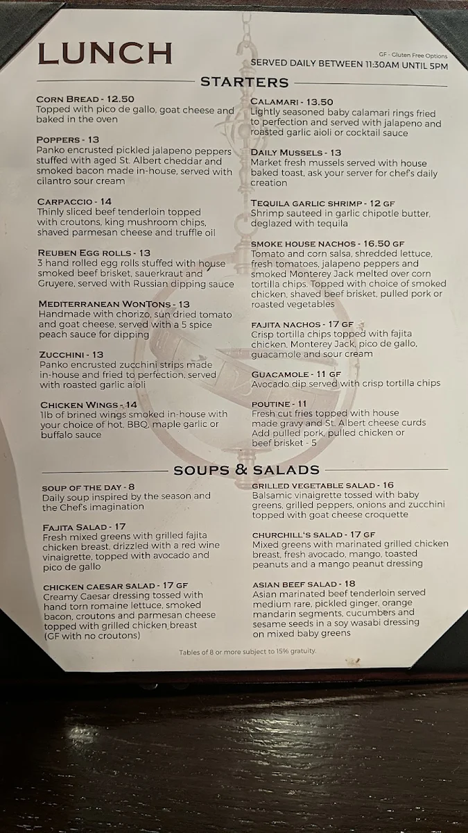 Menu, Churchills