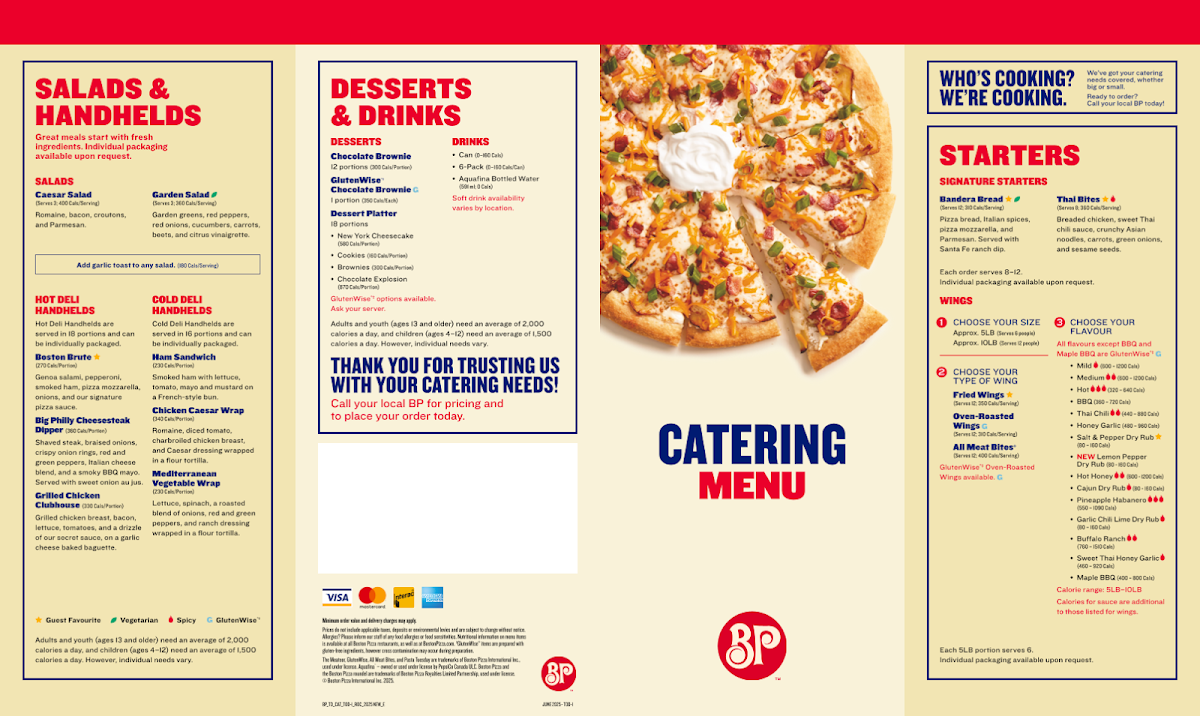 Menu, Boston Pizza