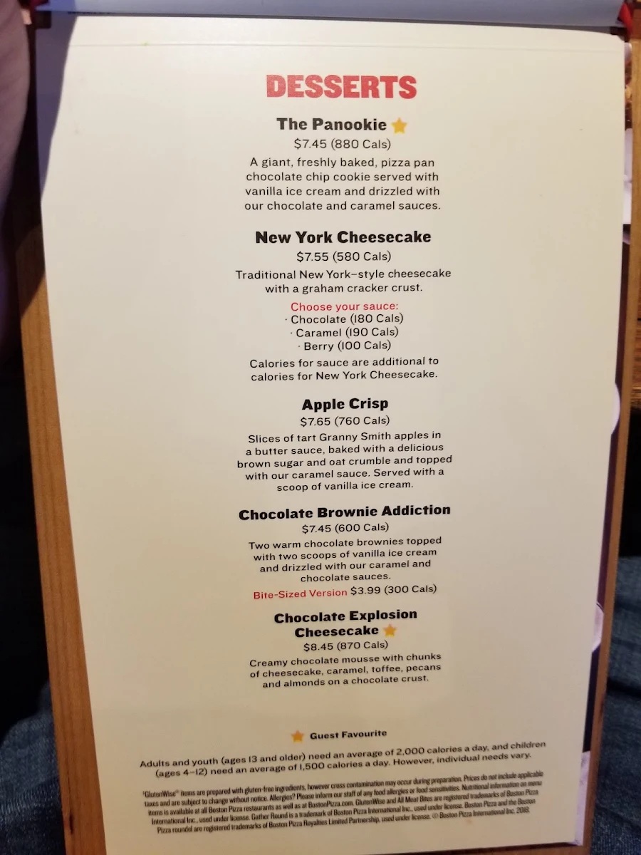 Menu, Boston Pizza