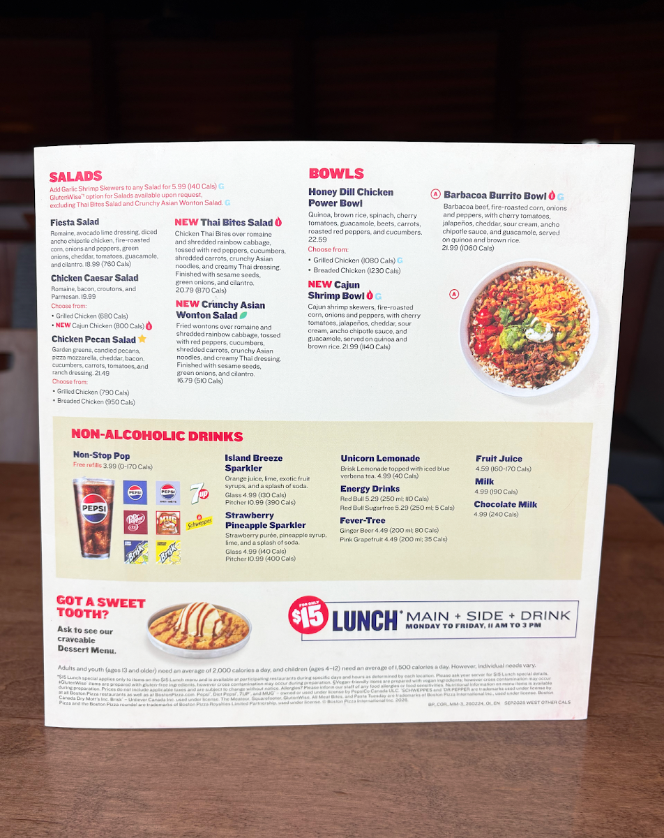 Menu, Boston Pizza
