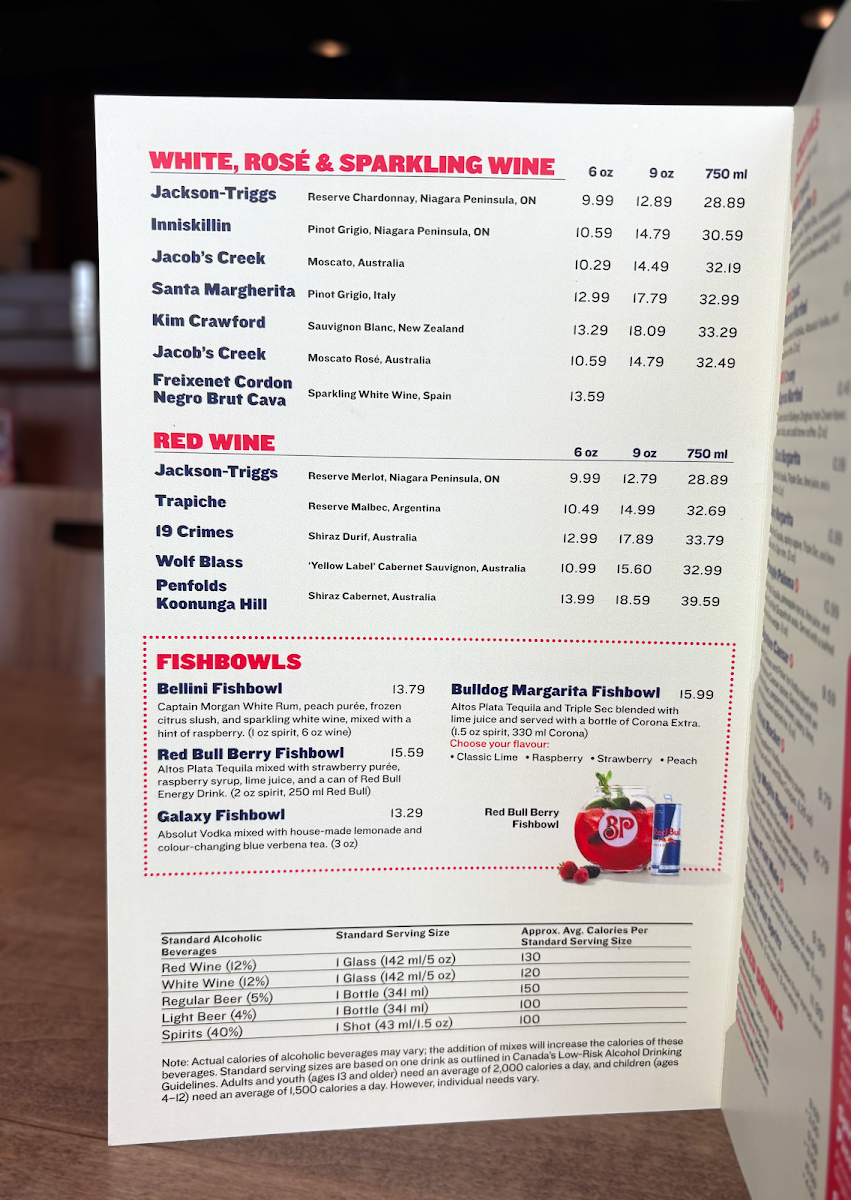 Menu, Boston Pizza