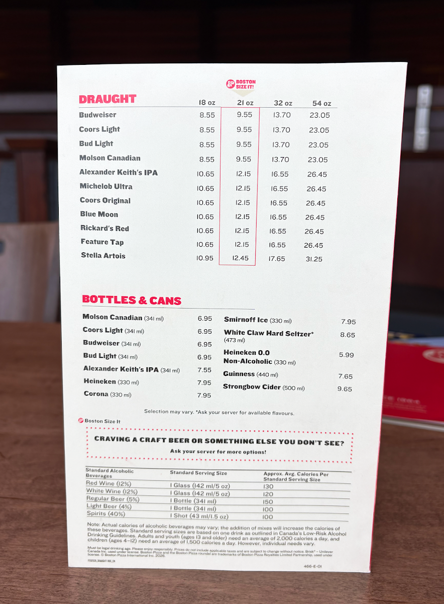 Menu, Boston Pizza