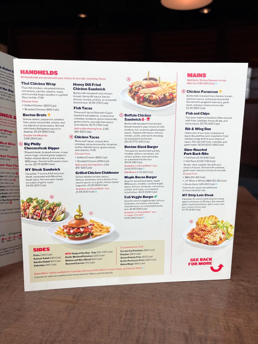 Menu, Boston Pizza