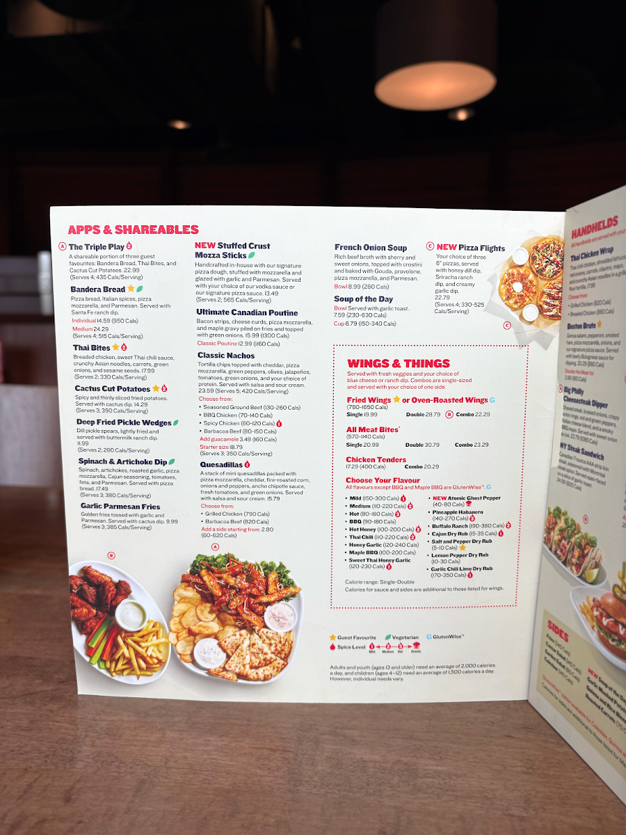 Menu, Boston Pizza