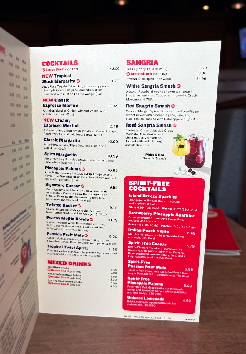 Menu, Boston Pizza