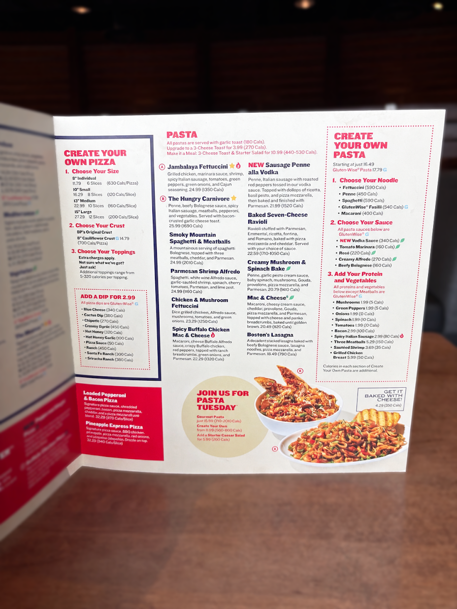 Menu, Boston Pizza