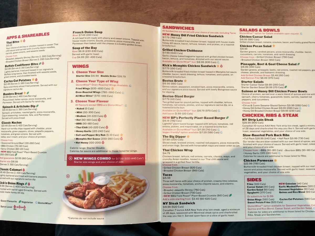 Menu, Boston Pizza