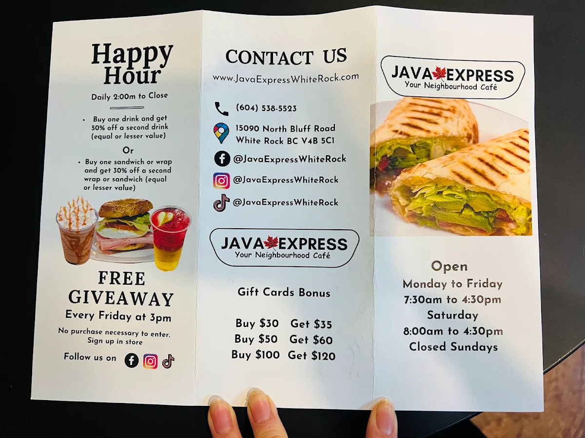 Menu, Java Express - White Rock