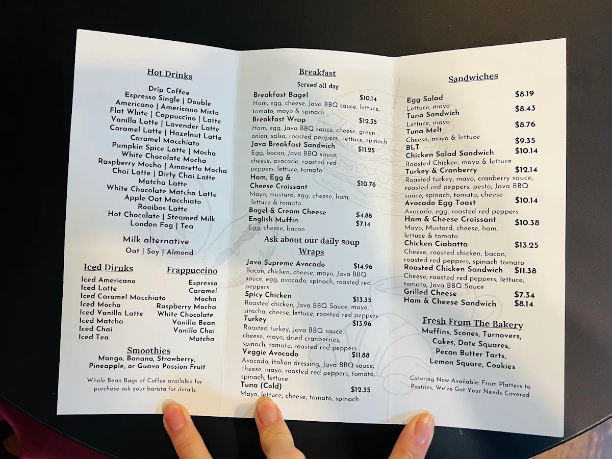Menu, Java Express - White Rock