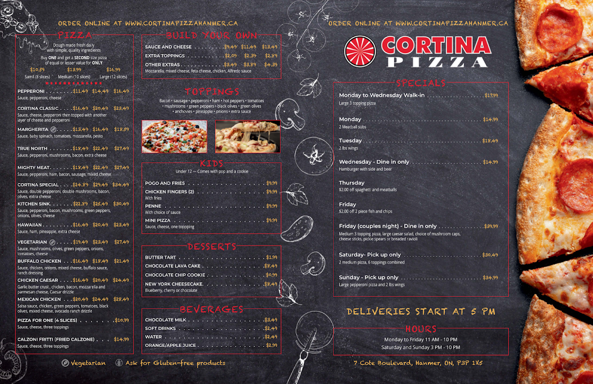 Menu, Cortina Pizza Hanmer