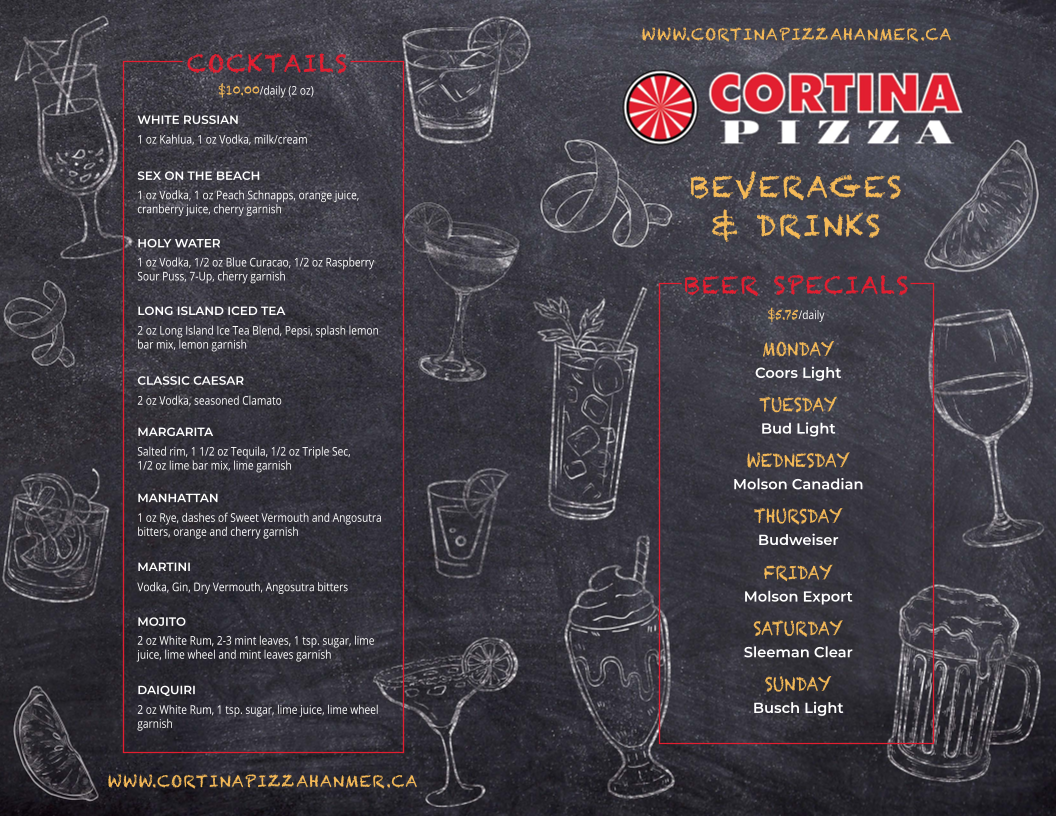 Menu, Cortina Pizza Hanmer