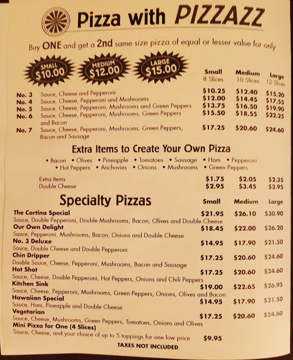 Menu, Cortina Pizza Hanmer