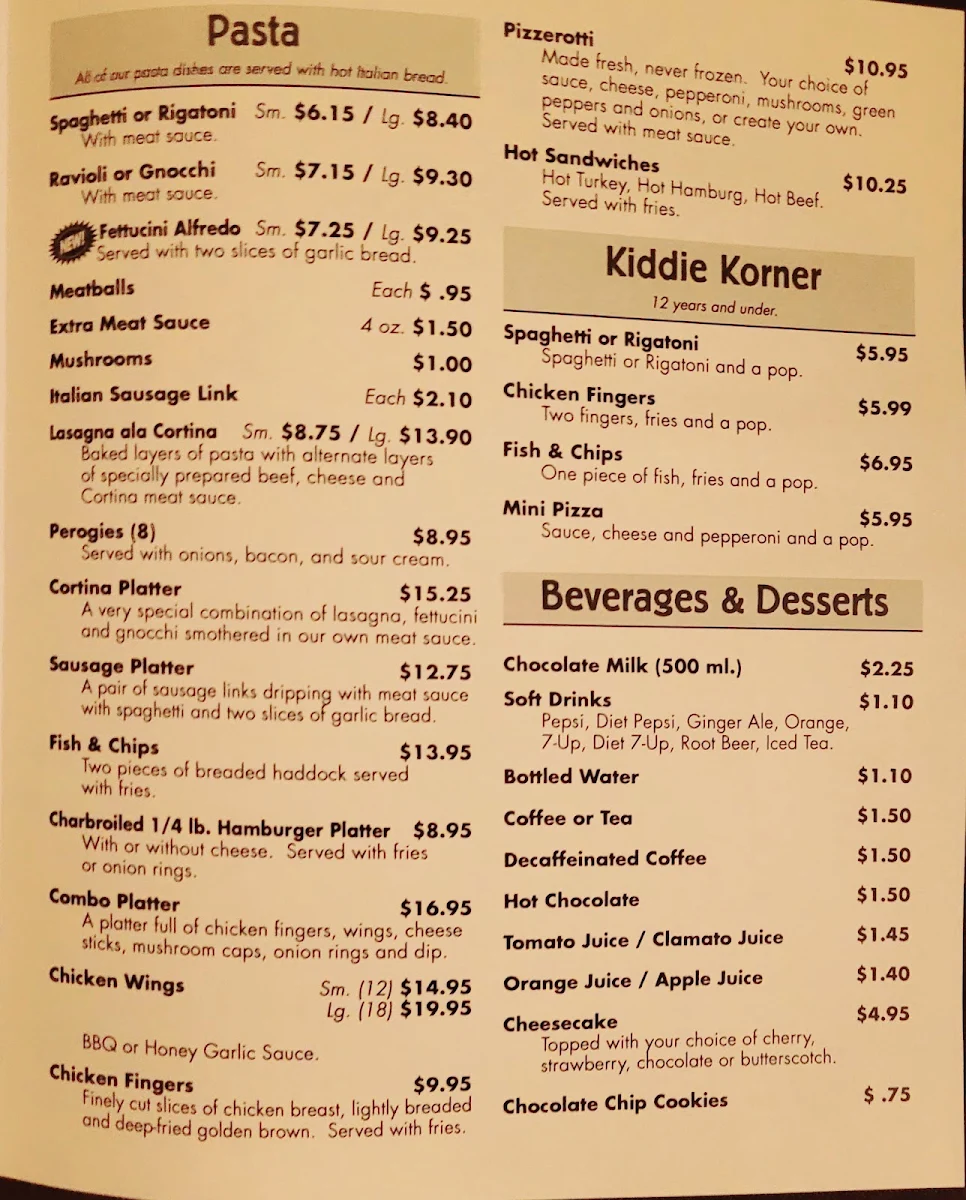 Menu, Cortina Pizza Hanmer