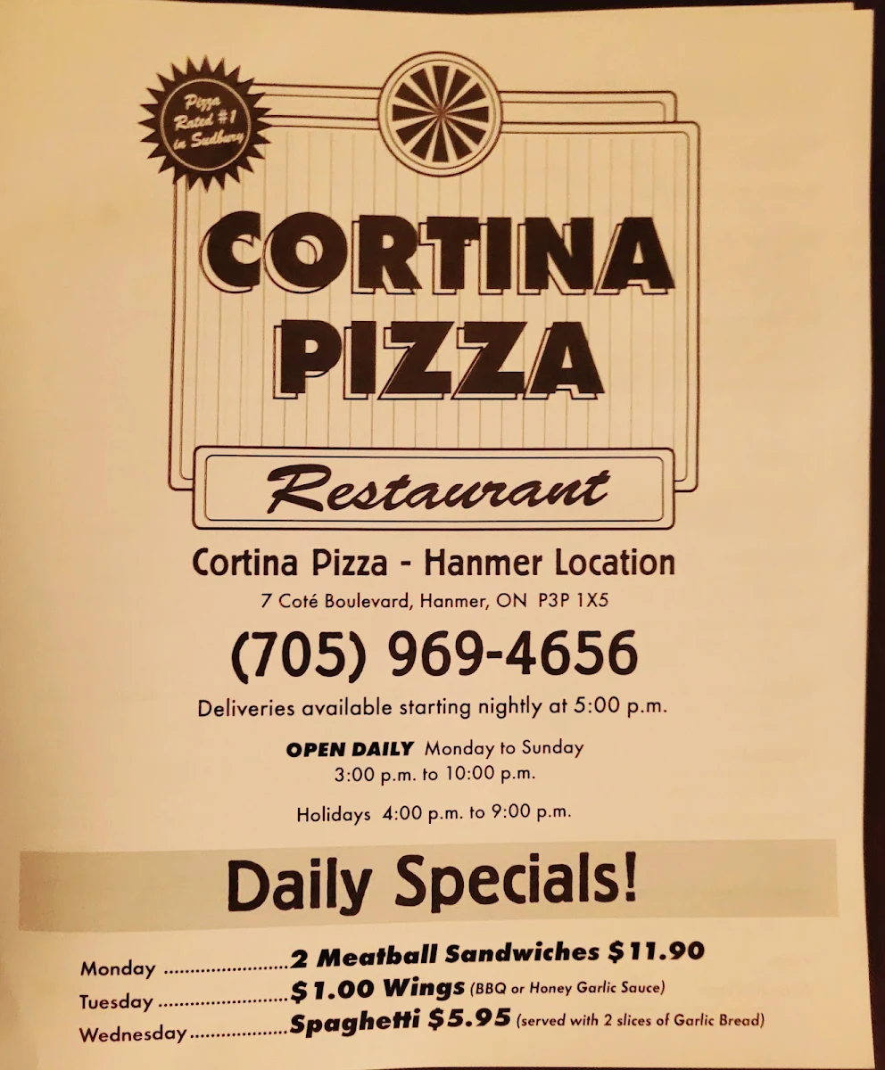 Menu, Cortina Pizza Hanmer