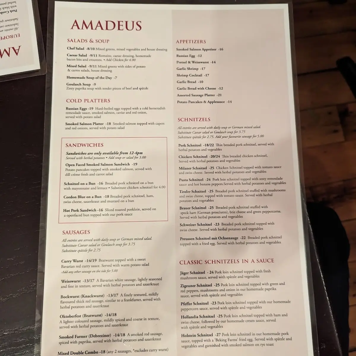 Menu, Amadeus Cafe