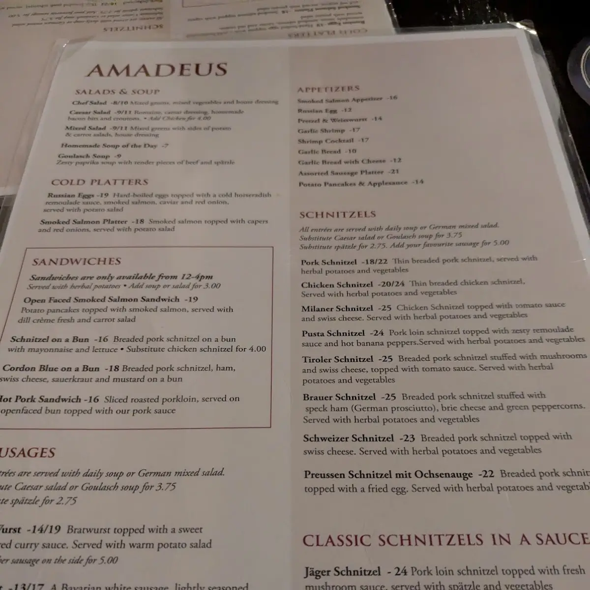 Menu, Amadeus Cafe