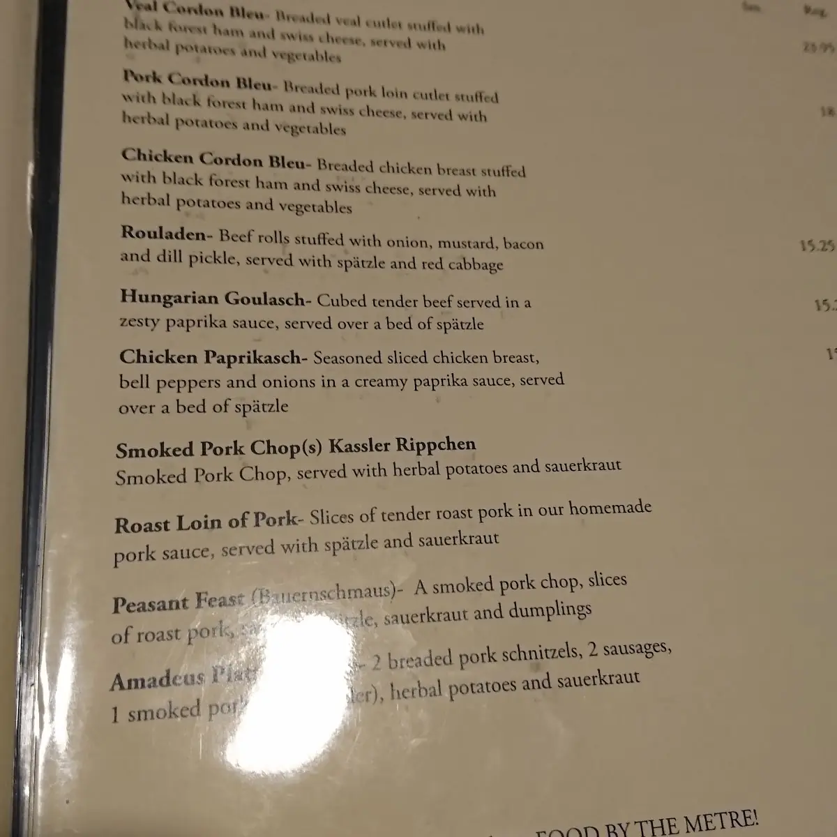 Menu, Amadeus Cafe