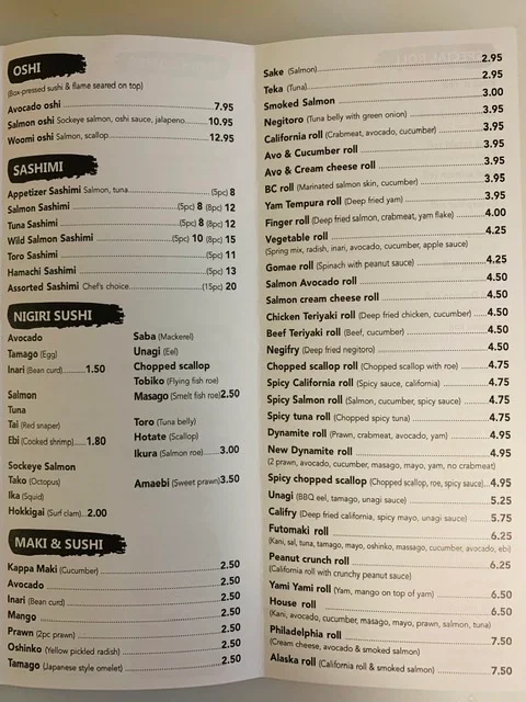 Menu, Woomi Sushi