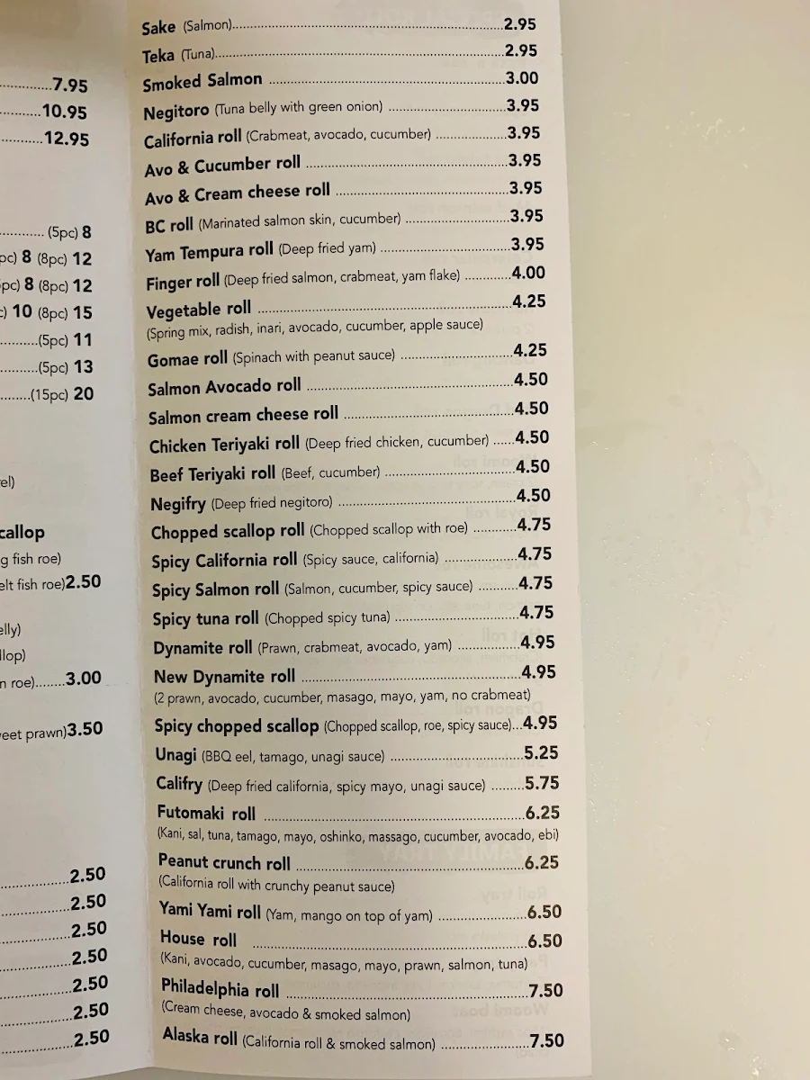 Menu, Woomi Sushi