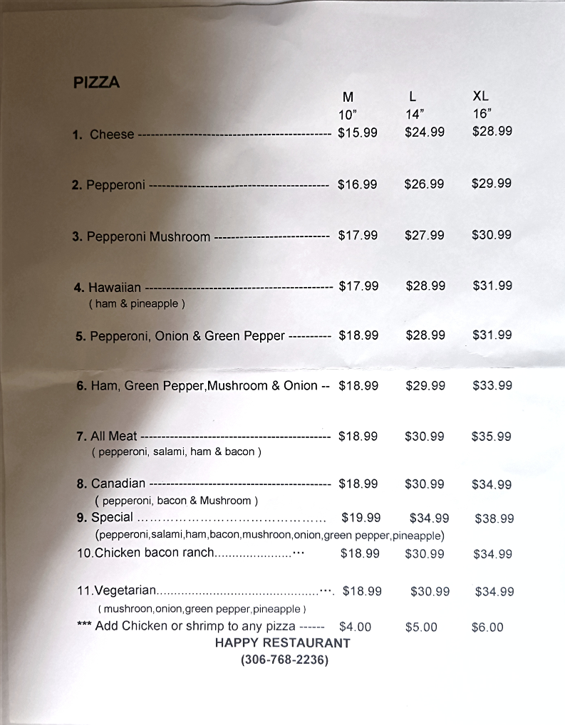 Menu, Happy Restaurant