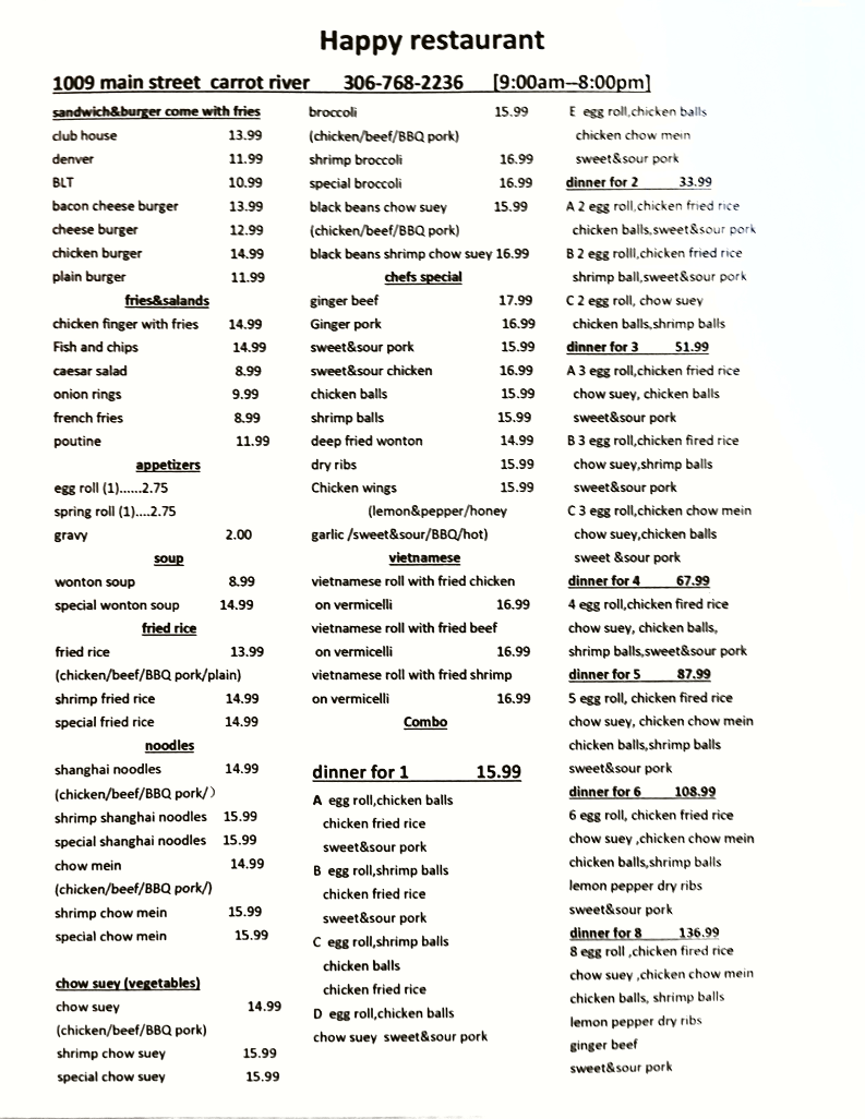 Menu, Happy Restaurant